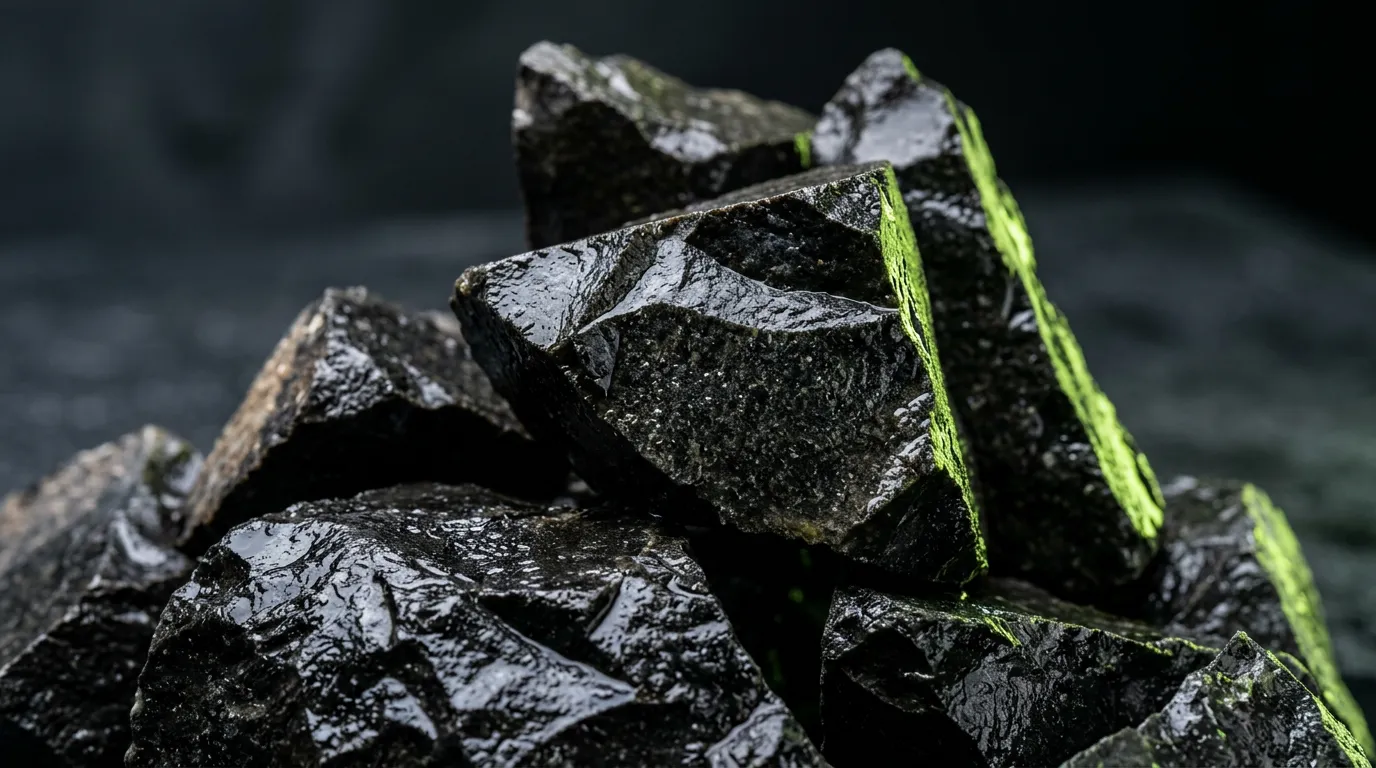 Fragmentos angulares de roca negra con borde de luz verde (imagen de ambiente generada con IA)