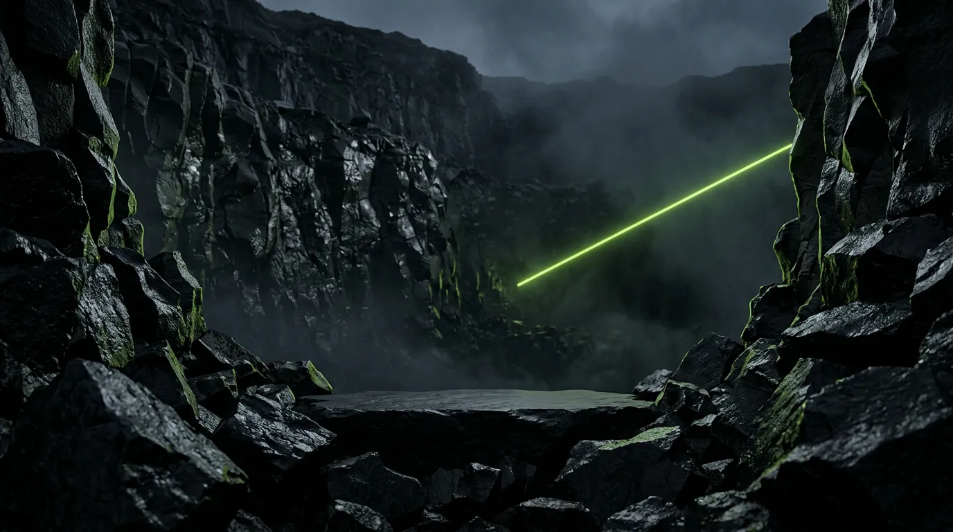 Pared de roca basáltica oscura con un haz de luz verde (imagen de ambiente generada con IA)